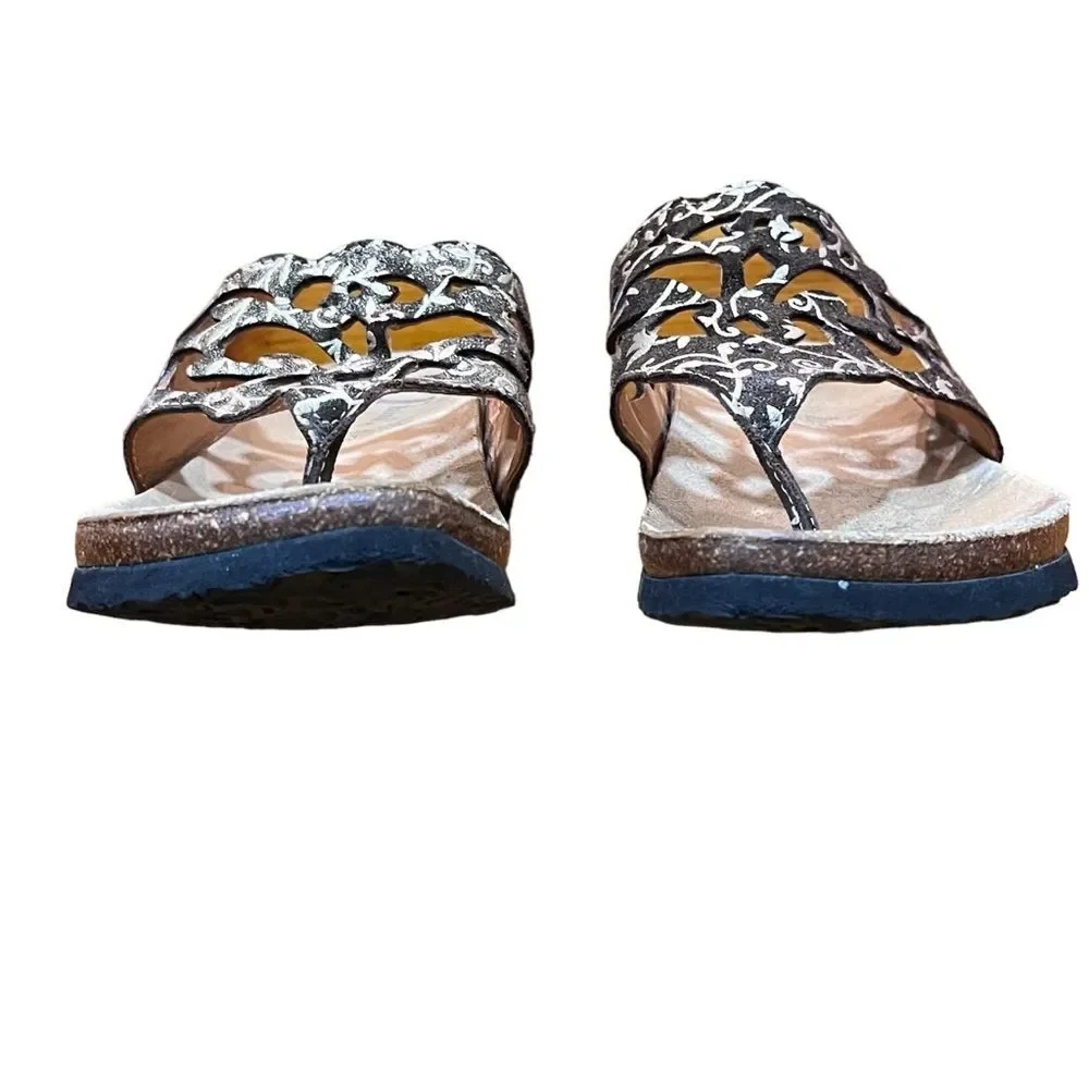 Think! Brown Gold Sandals Metallic Lace Flip Flops Leather Floral Cork Insole